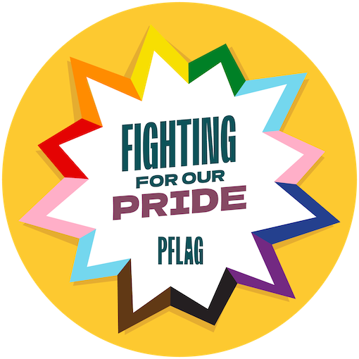 Fighting For Our Pride logo on yellow circle with pride colors around in comic style points.