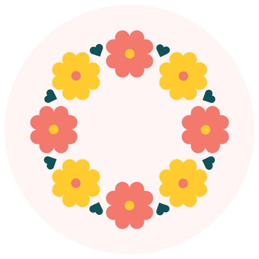 Icon of a flower wreath in coral and yellow.