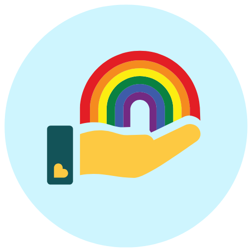 Light blue circle with a hand holding a rainbow