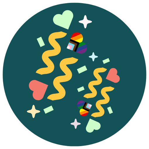 Hearts, Streamers, and pride flag hearts to signify a celebration.